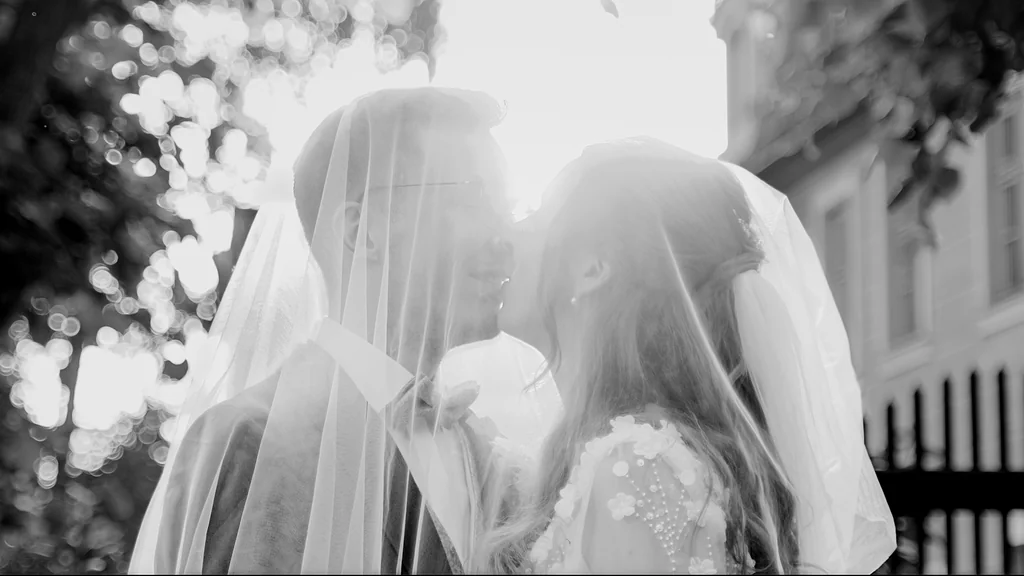 Künstlerische Schwarz-Weiß-Aufnahme des Paares unter dem Schleier bei Sonnenuntergang.